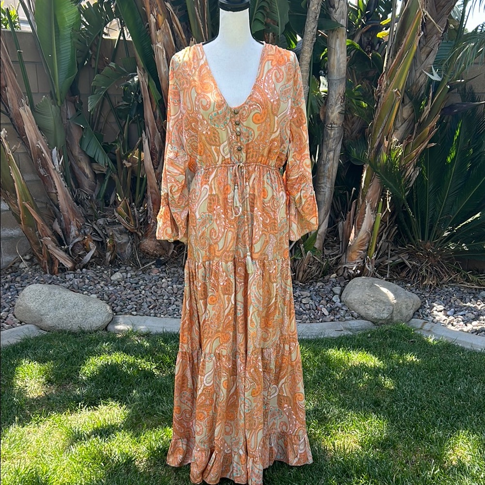 Bohemian Paisley Tiered Ruffle Bell Sleeve Orange Maxi Dress One Size